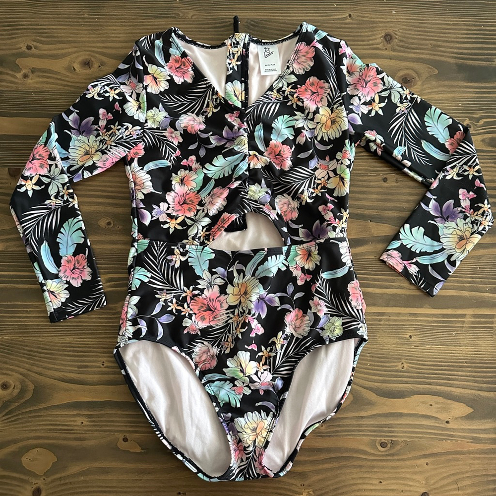Art Class One-Piece Swimsuit XL (14 Plus) Black Floral Long Sleeve Cutout